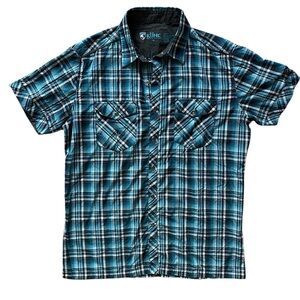 Kuhl Eluxur Blue Plaid Short Sleeve Button Up Shirt‎ Men’s Medium Hiking Trails✅